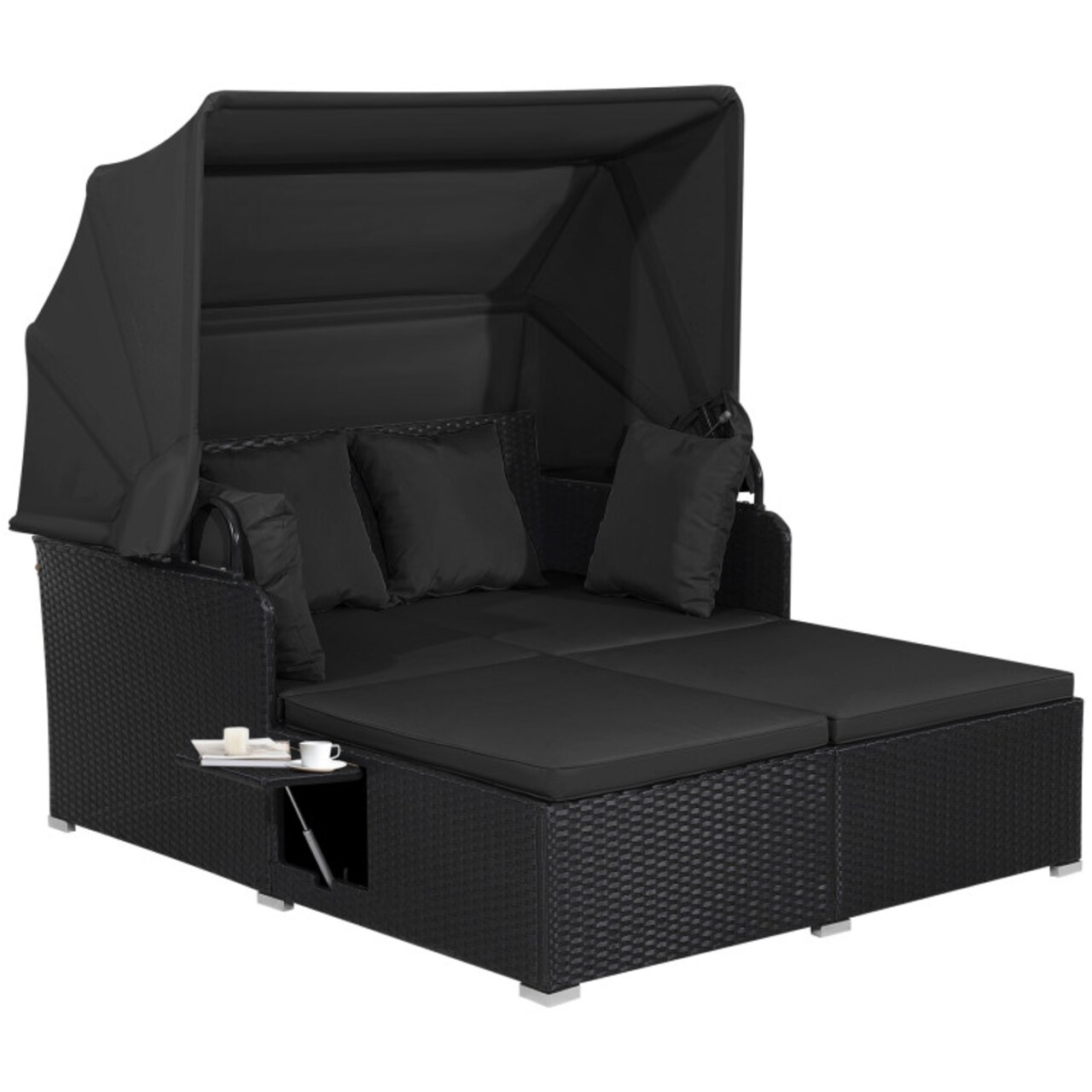 Outdoor Rattan Daybed With Canopy PE Wicker Patio Lounge Sofa Set With Cushions Poolside Garden Double Sun Bed Furniture